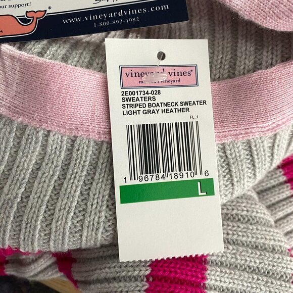 Vineyard Vines Sweater Large Striped Boatneck Gray Pink Cotton Blend NWT FS-1193 - Picture 6 of 10